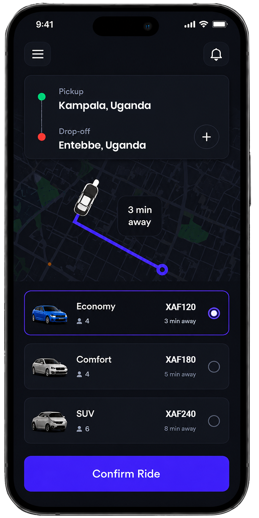 ReadyRide app booking screen